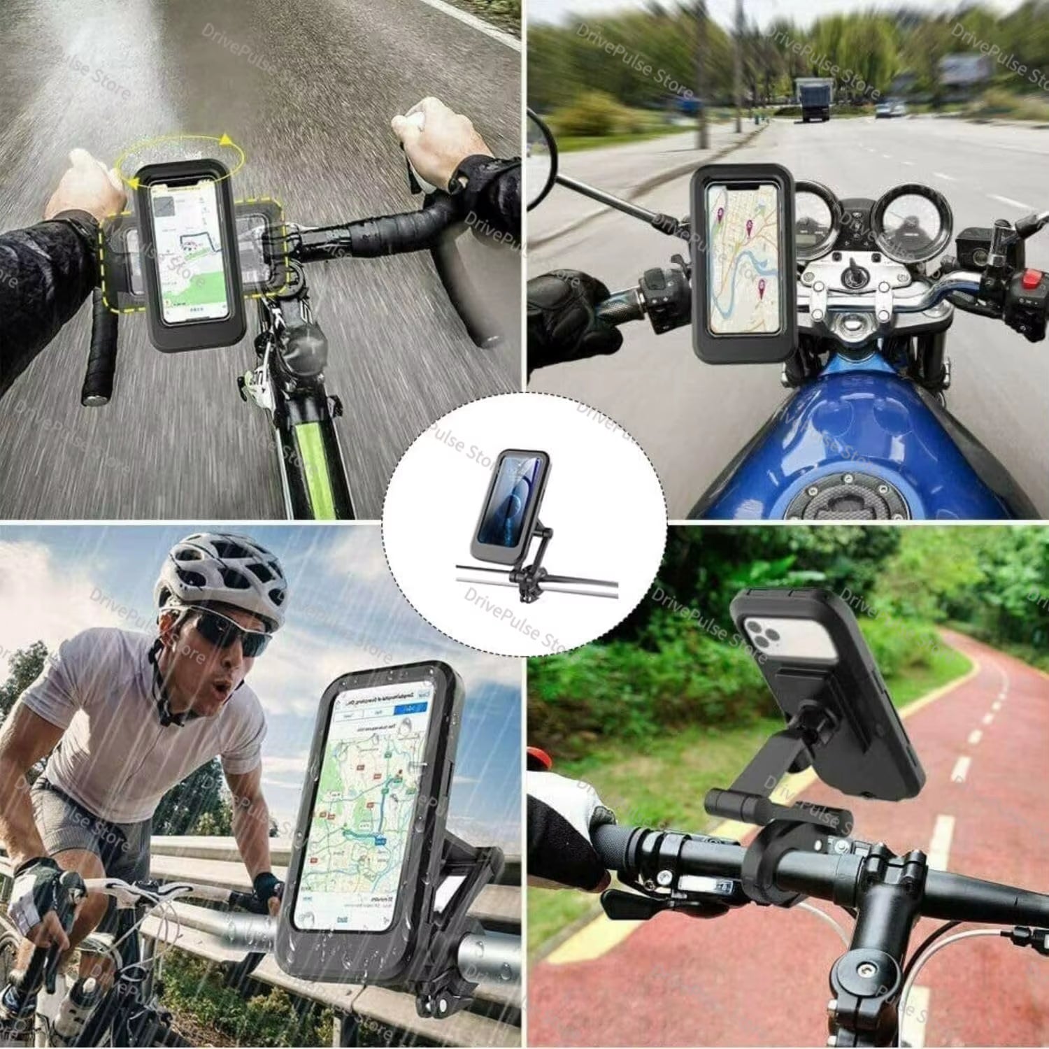 Adjustable 360° Rotating Waterproof and Shockproof Phone Mount for Bicycles and Motorcycles with Retractable Touchscreen Holder