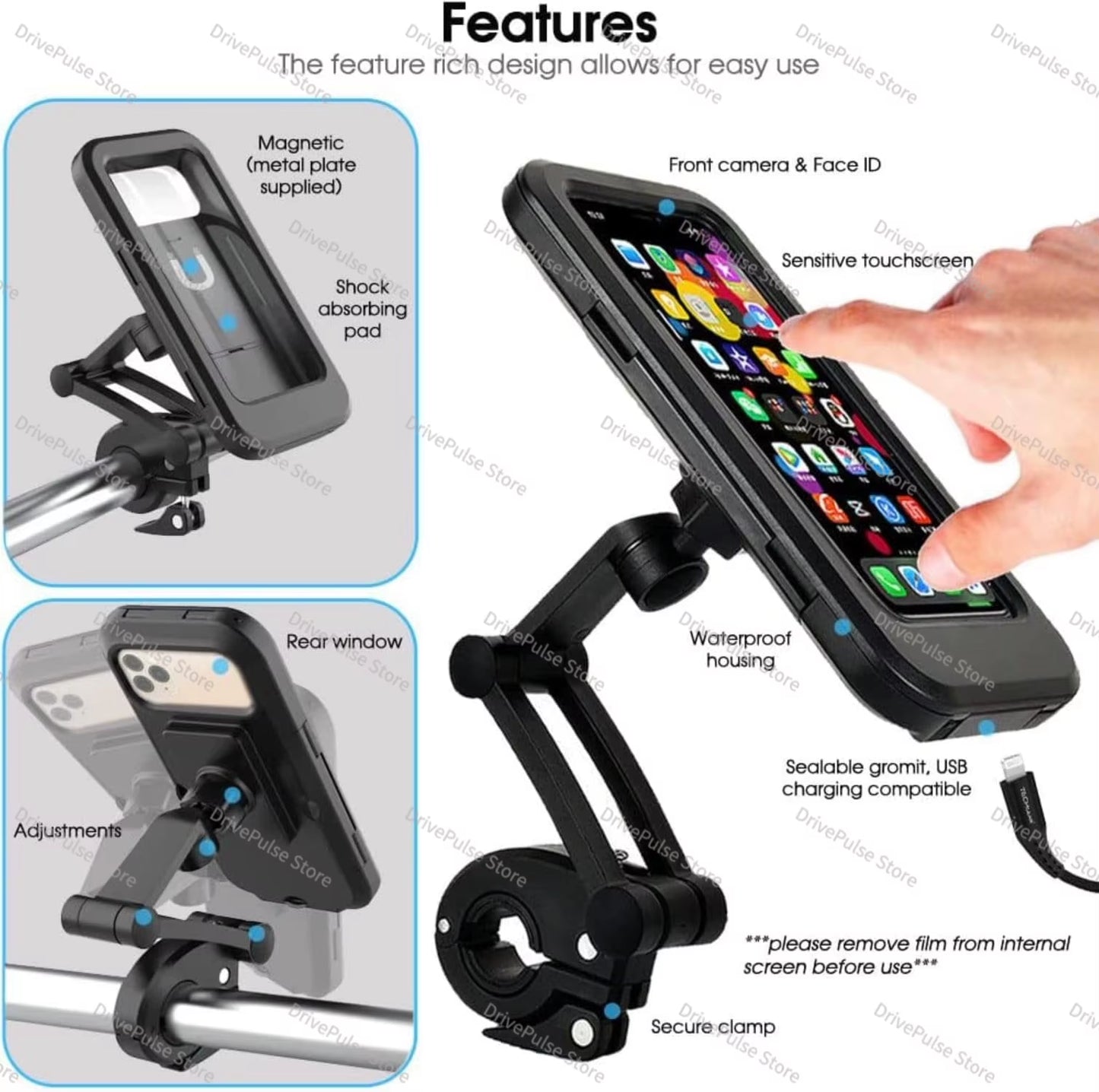 Adjustable 360° Rotating Waterproof and Shockproof Phone Mount for Bicycles and Motorcycles with Retractable Touchscreen Holder
